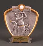 This is a image of a resin standing tray pewter color with gold trim with a male golfer