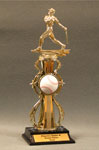 This is a image of a gold colored male homerun bater standing baseball riser with a black base 