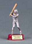 This is a pewter color male batter in a batter up pose standing on a red oval base