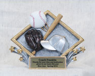 This is a image of a colorful diamond shaped plaque featuring a baseball,
    baseball glove, bat and cap with goldtone star accents