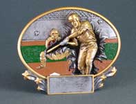 This is a image of the new 3D oval baseball tray wit a gold tone batter on a color action background