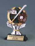 This is a image of a resin award featuring a baseball cap, bat, and ball in glove placed in a gold wreath that is rested on a pewter color pedestal set on a black base