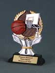 This is a image of a resin award featuring a basketball and hoop inside a gold wreath.