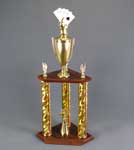 This is a three column custom  poker award featuring a winning hand on top of a gold cup
