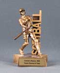 This is a gold color female softball batter standing on a star shaped base with teh word Softball stacked vertical behind the batter.