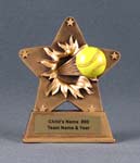 This is a image of a gold color star with a softball bursting out of the star.