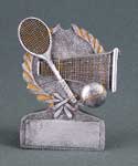 This is a silver color resin featuring a racket over a net