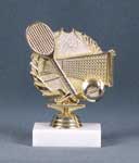 This is a image of a gold color wreath with a tennis racket and ball in front of a net on a marble base